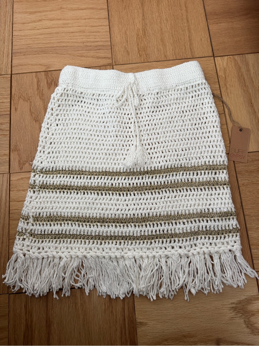 Surf Gypsy White Crochet Mini Skirt with Gold Stripes and Fringe